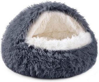 Cat Bed Round Soft Plush Burrowing Cave Hooded Cat Bed Donut for Dogs & Cats, Faux Fur Cuddler Round Comfortable Self Warming pet Bed, Machine Washabl (Color: Gray, size: 20 'for cat up to 15 lbs)